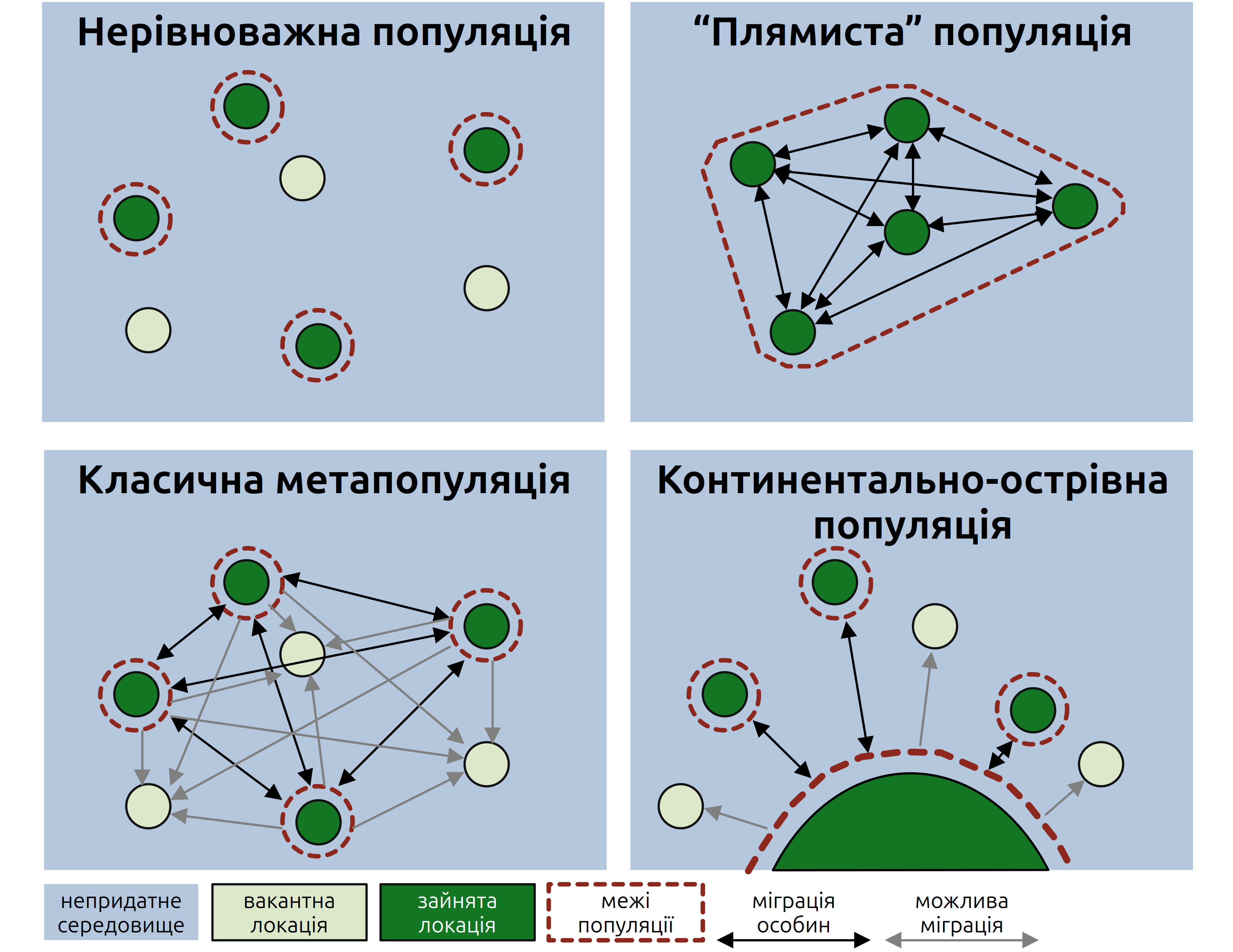 Типи просторової організації метапопуляцій (за [Harrison 1991](htpps://doi.org/10.1111/j.1095-8312.1991.tb00552.x), [Mittelbach & McGill 2019](https://doi.org/10.1093/oso/9780198835851.003.0013)).